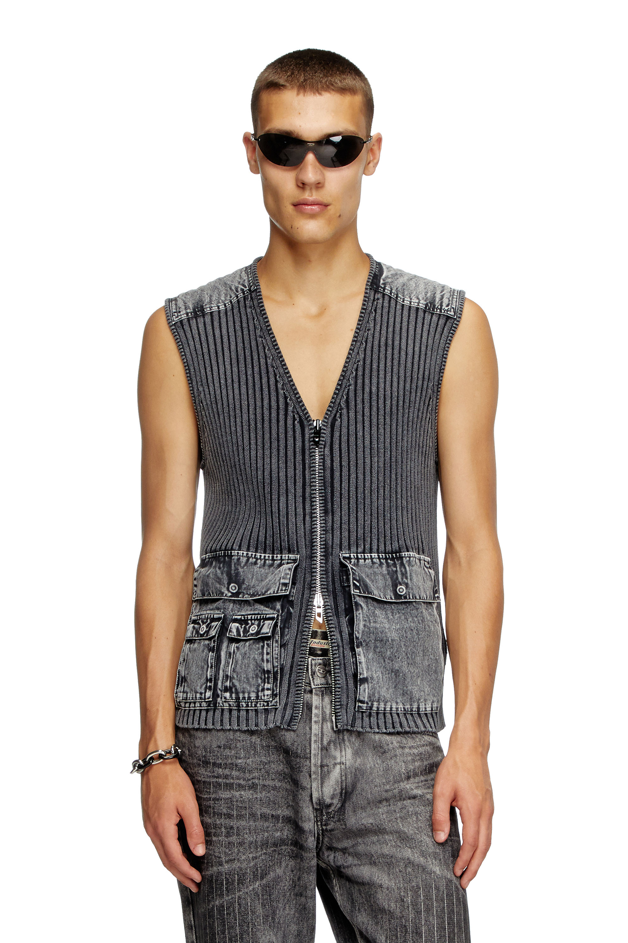 Diesel - K-MARGIE, Man's Utility vest in ribbed knit and denim in Dark grey - 1