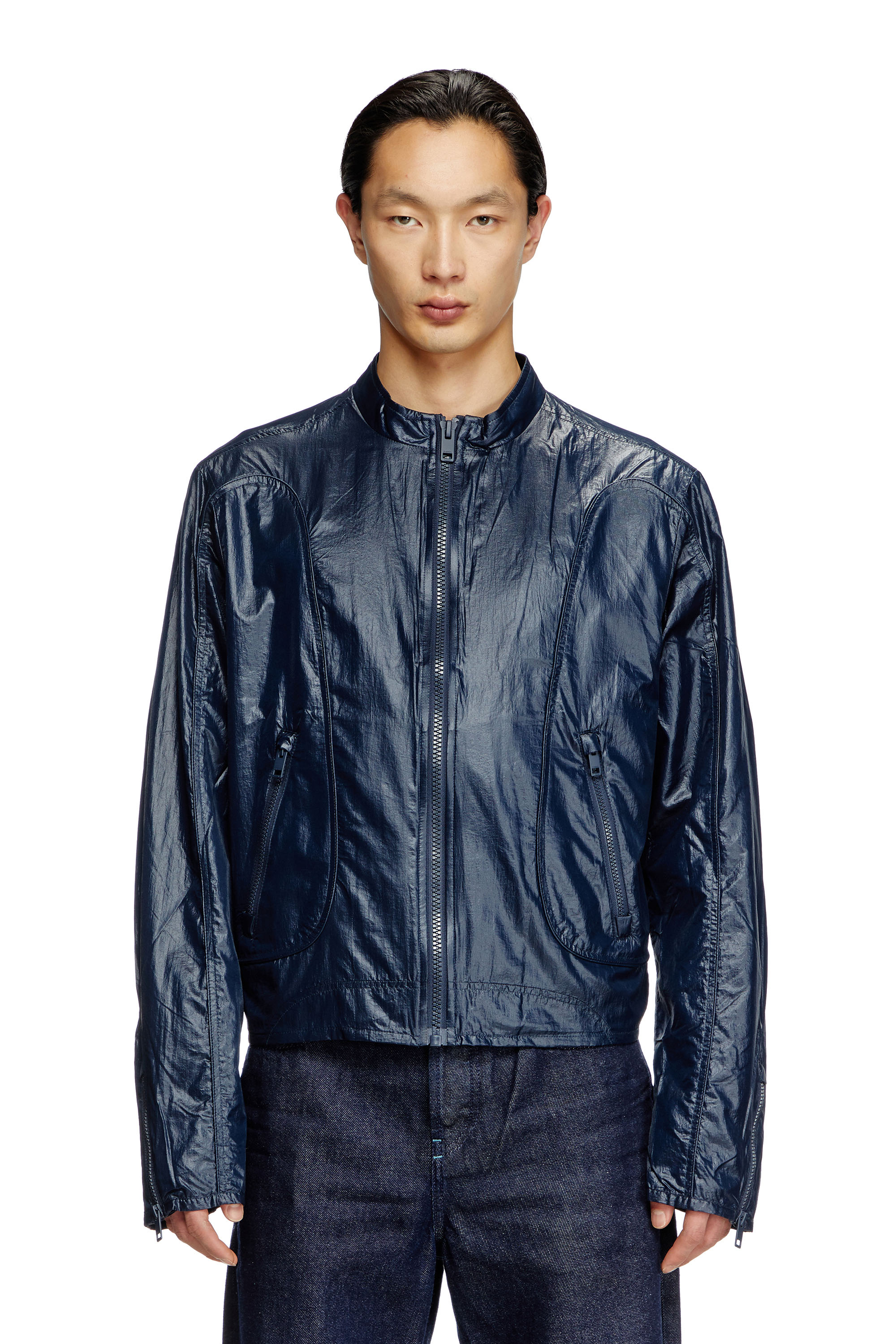 Diesel - J-CLAYS, Man's Biker jacket in shiny ripstop in Blue - 1