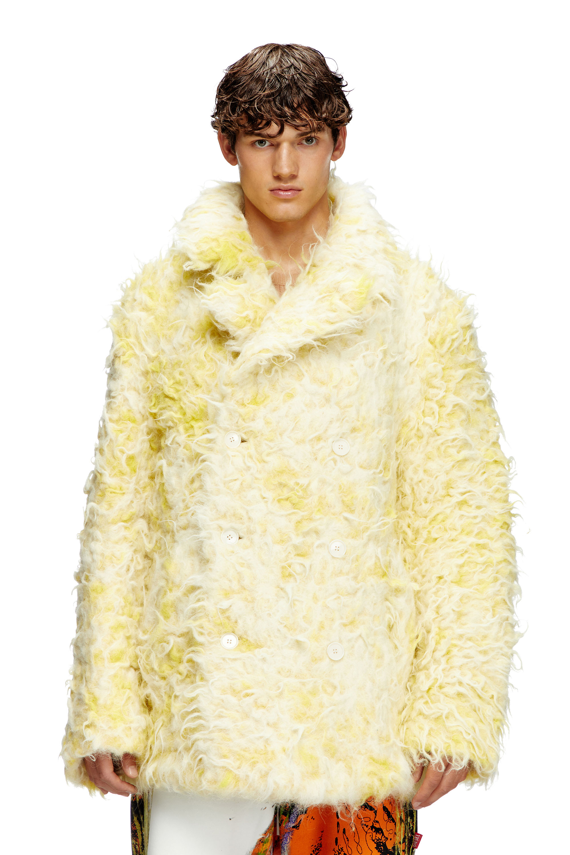 Diesel - W-MIN-SHORT, Man's Double-breasted coat in shaggy alpaca blend in Yellow - 1