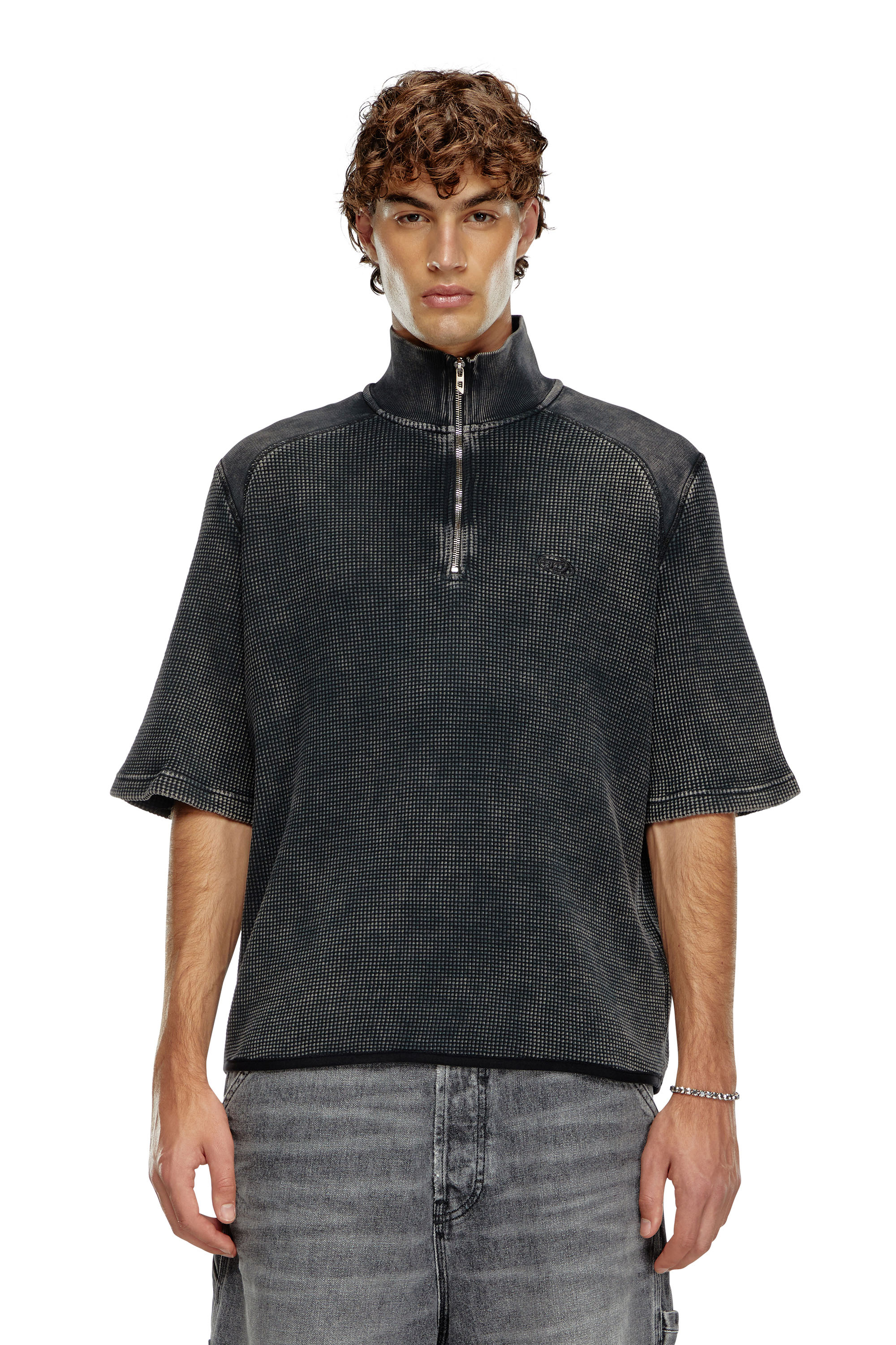 Diesel - S-WAFCOOL, Man's Short-sleeve waffle-knit sweatshirt in Black - 1