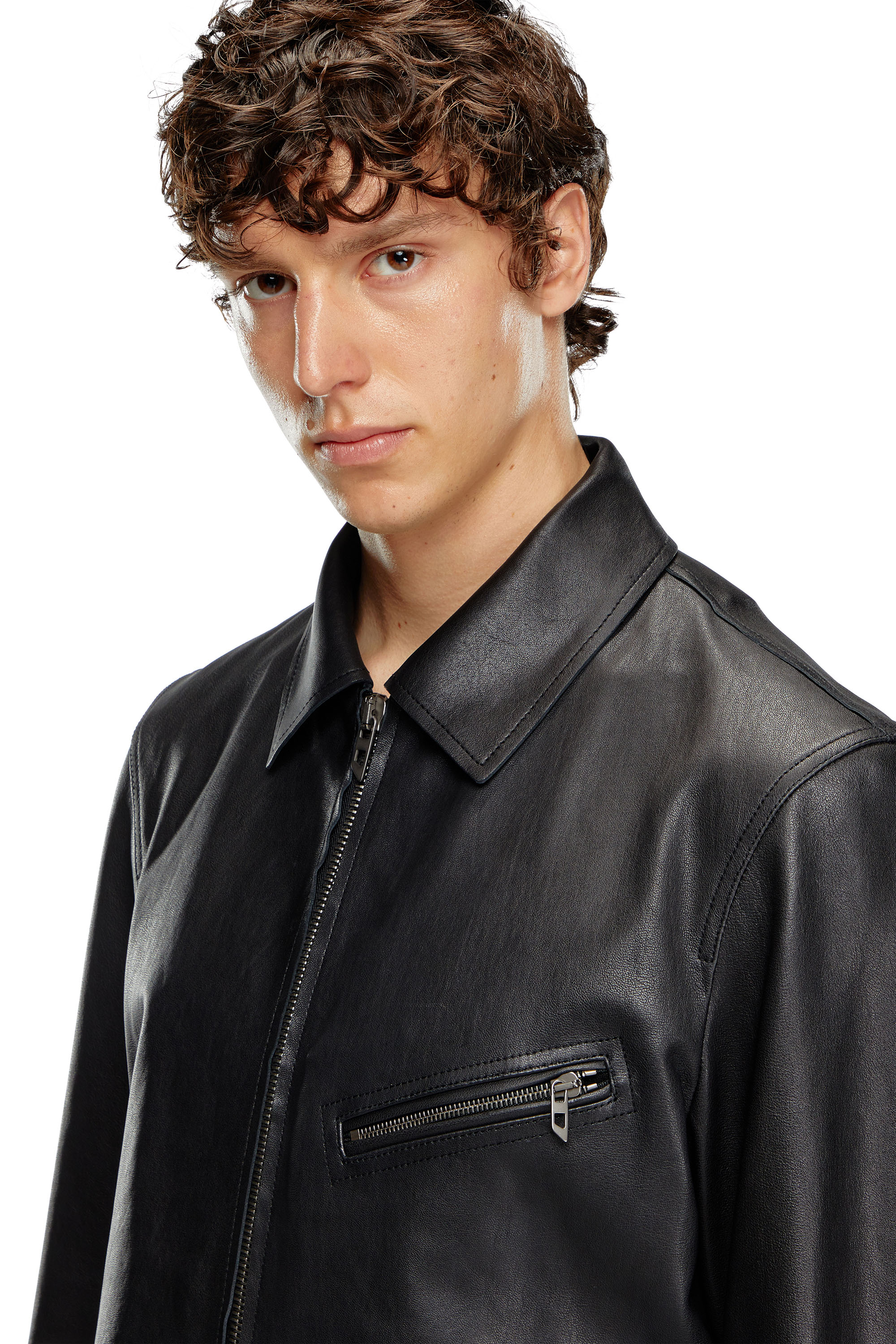 Diesel - L-KORN-A, Man Leather jacket with embossed Oval D in Black - Image 5