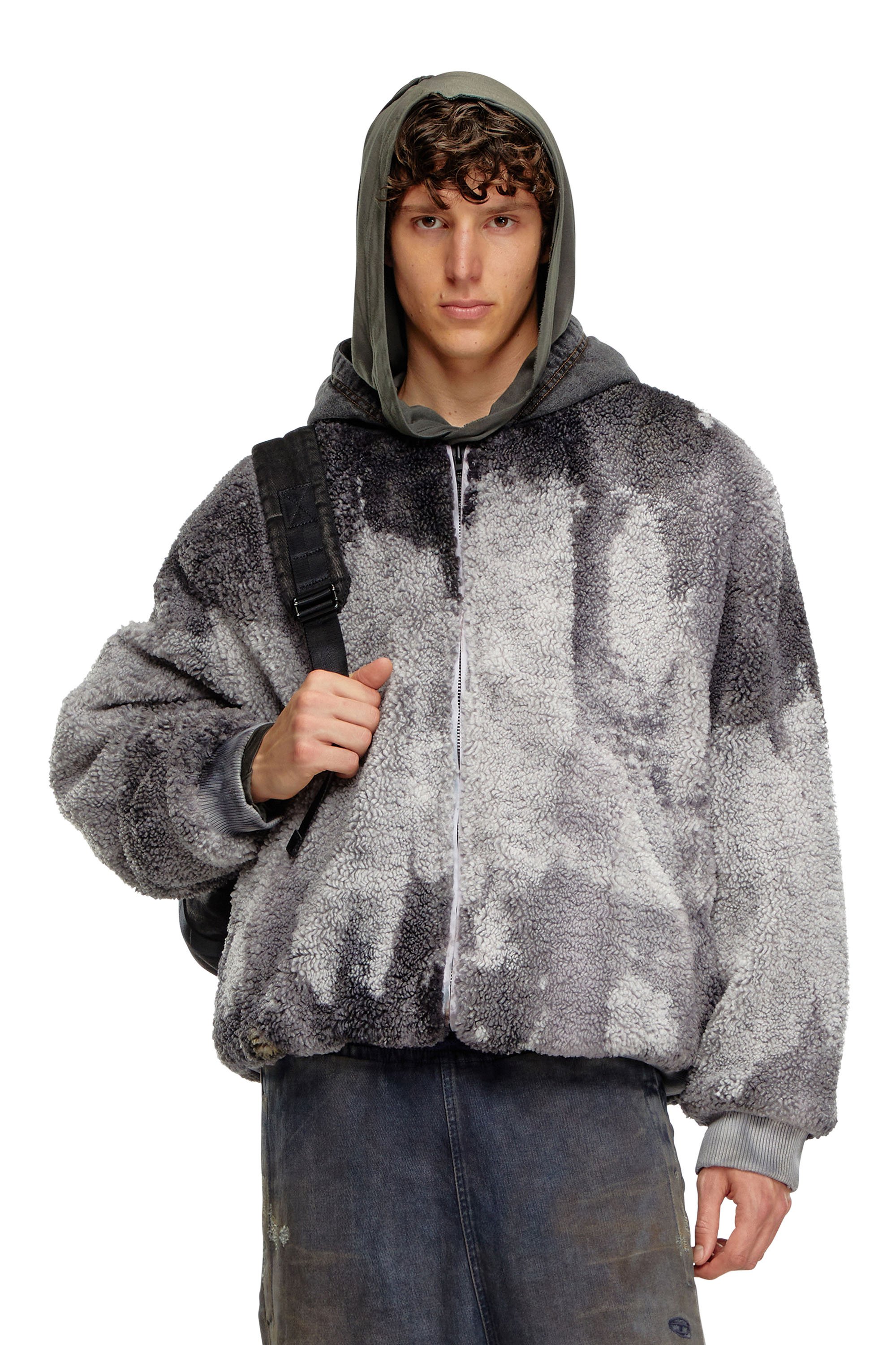 Diesel - S-DEPLA, Man Tie-dyed teddy jacket with denim hood in Grey - Image 1