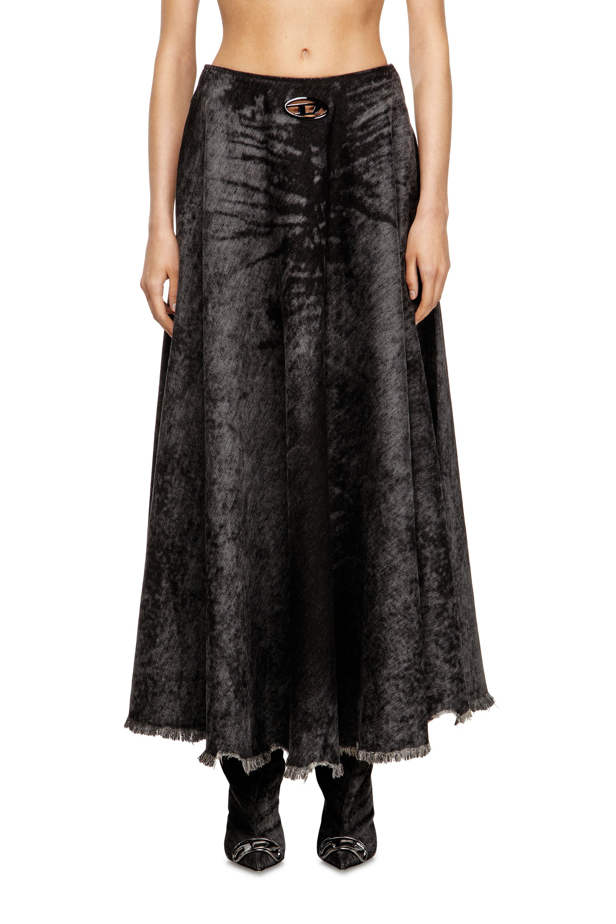 Diesel - DE-HANNIE-FSH, Falda amplia en denim de algodón y cáñamo grabado con láser Mujer in Negro - 1