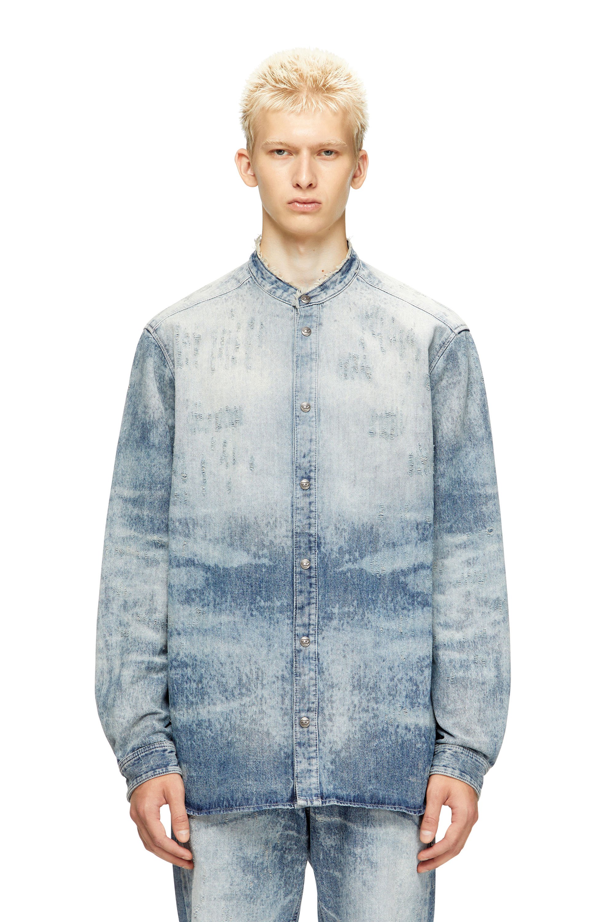 Diesel - D-SIMP-FSH, Man's Shirt in distressed honeycomb denim in Light Blue - 1