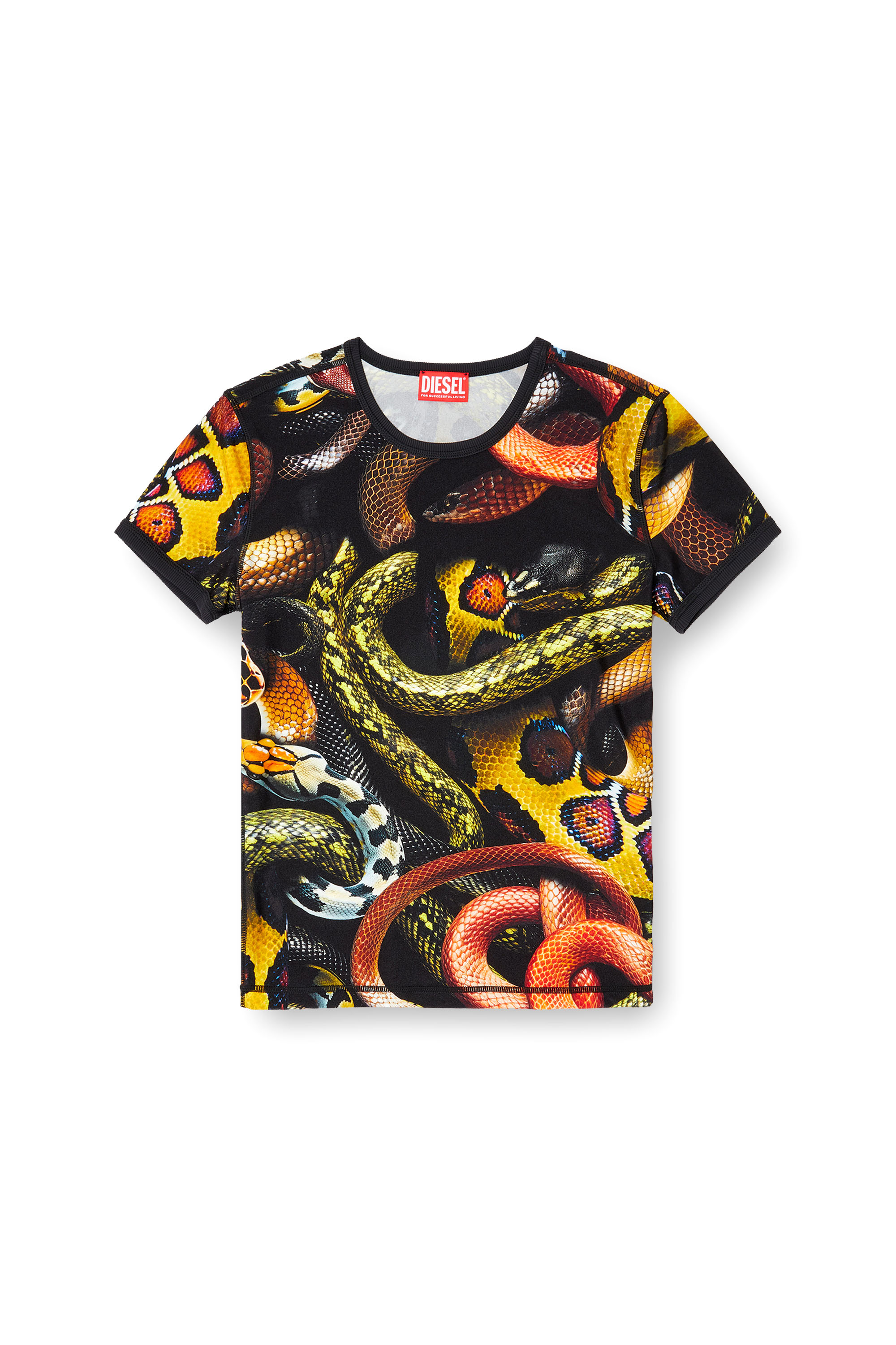 Diesel - CL-T-UNCLE-SNAKE, Unisex's Lycra T-shirt with all-over snake print in Black/Yellow - 6