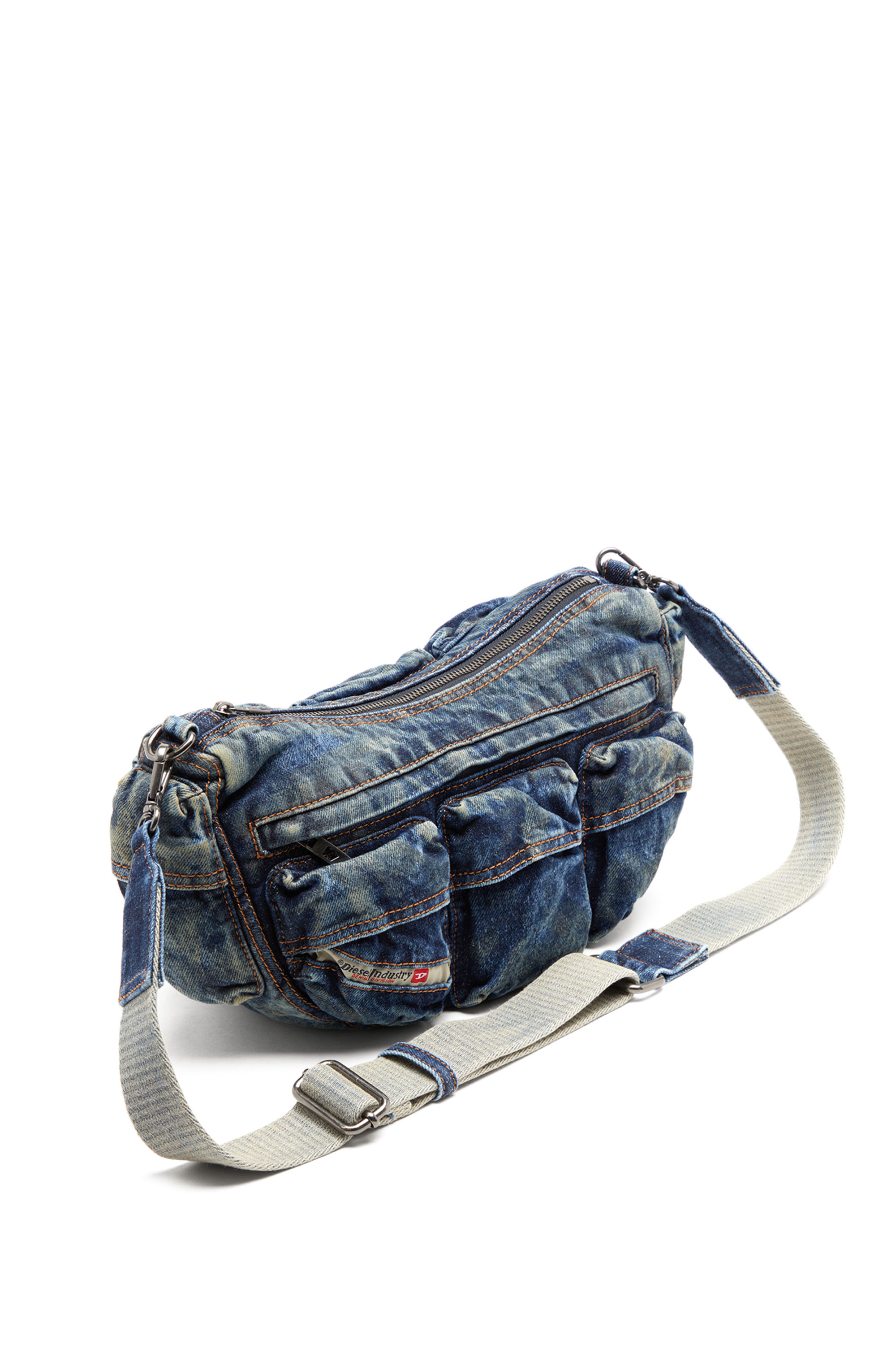 Diesel - RE-EDITION TRAVEL 3000 SHOULDER BAG X, Unisex Travel 3000-Multipocket bag in treated denim in Blue - Image 6