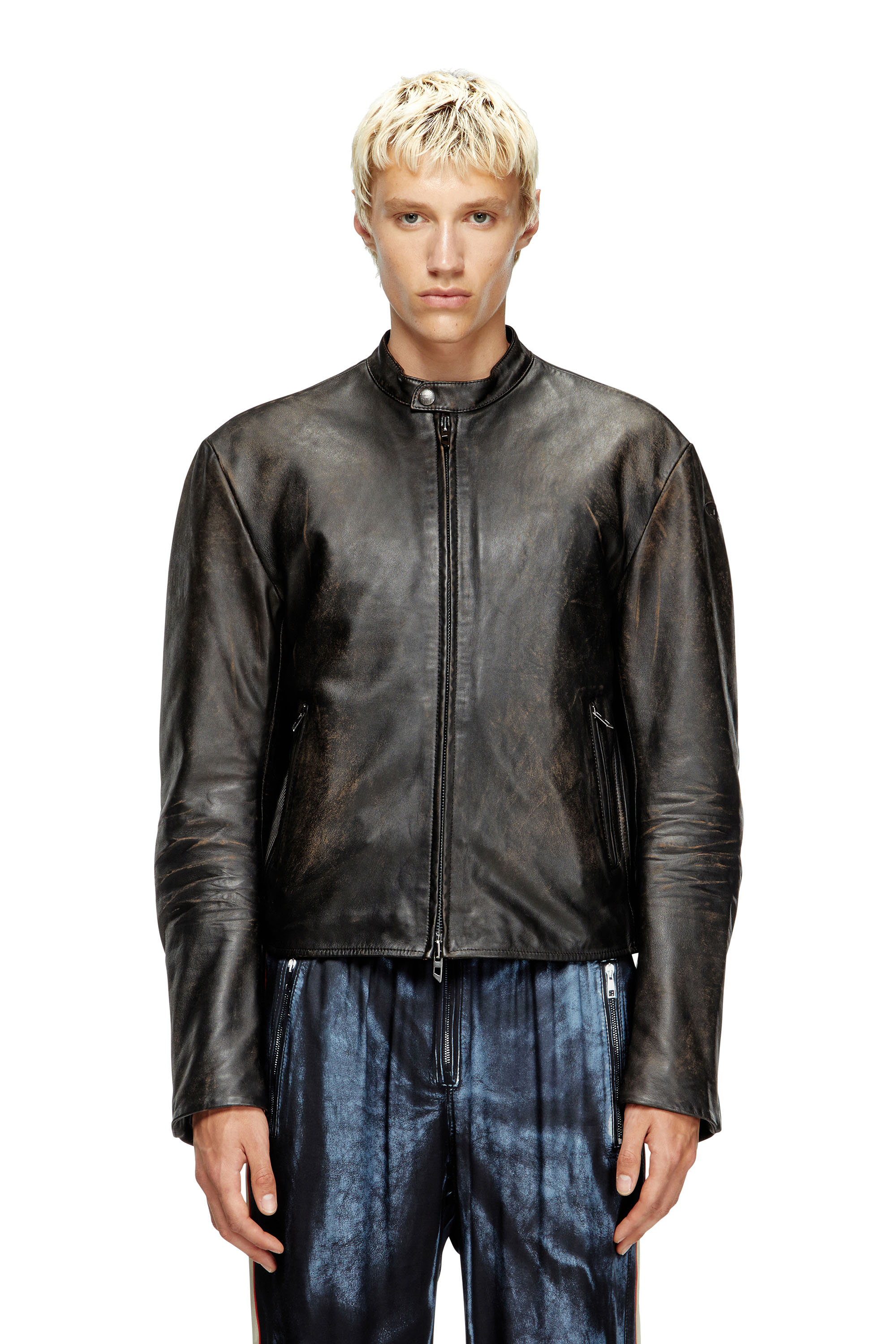 Diesel - L-AROSS, Man's Distressed leather biker jacket in Dark Brown - 1