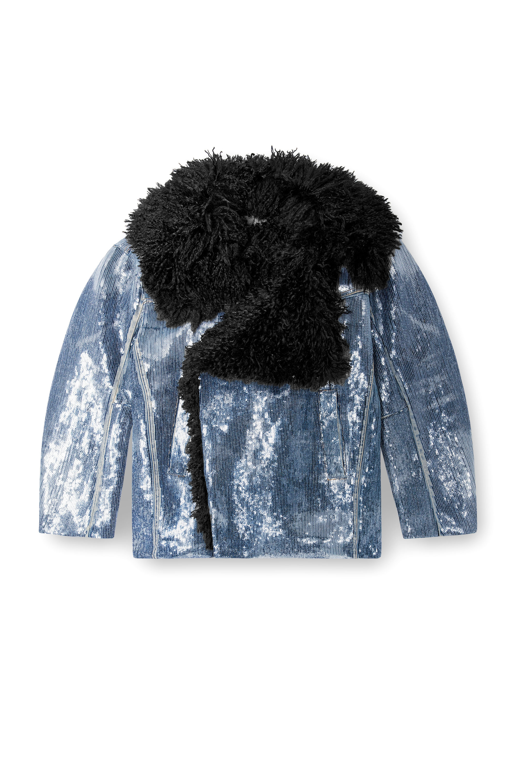 Diesel - DE-BIKA-S, Woman's Sequin denim jacket with shaggy collar in Medium blue - 5