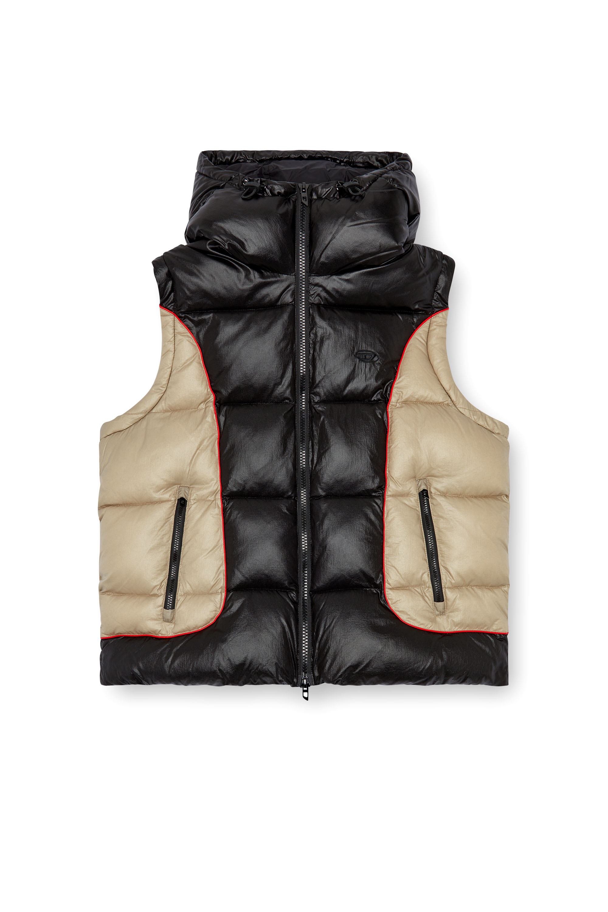 Diesel - W-OSTEND-SL, Man's Hooded puffer vest in shiny ripstop in Black/Beige - 5