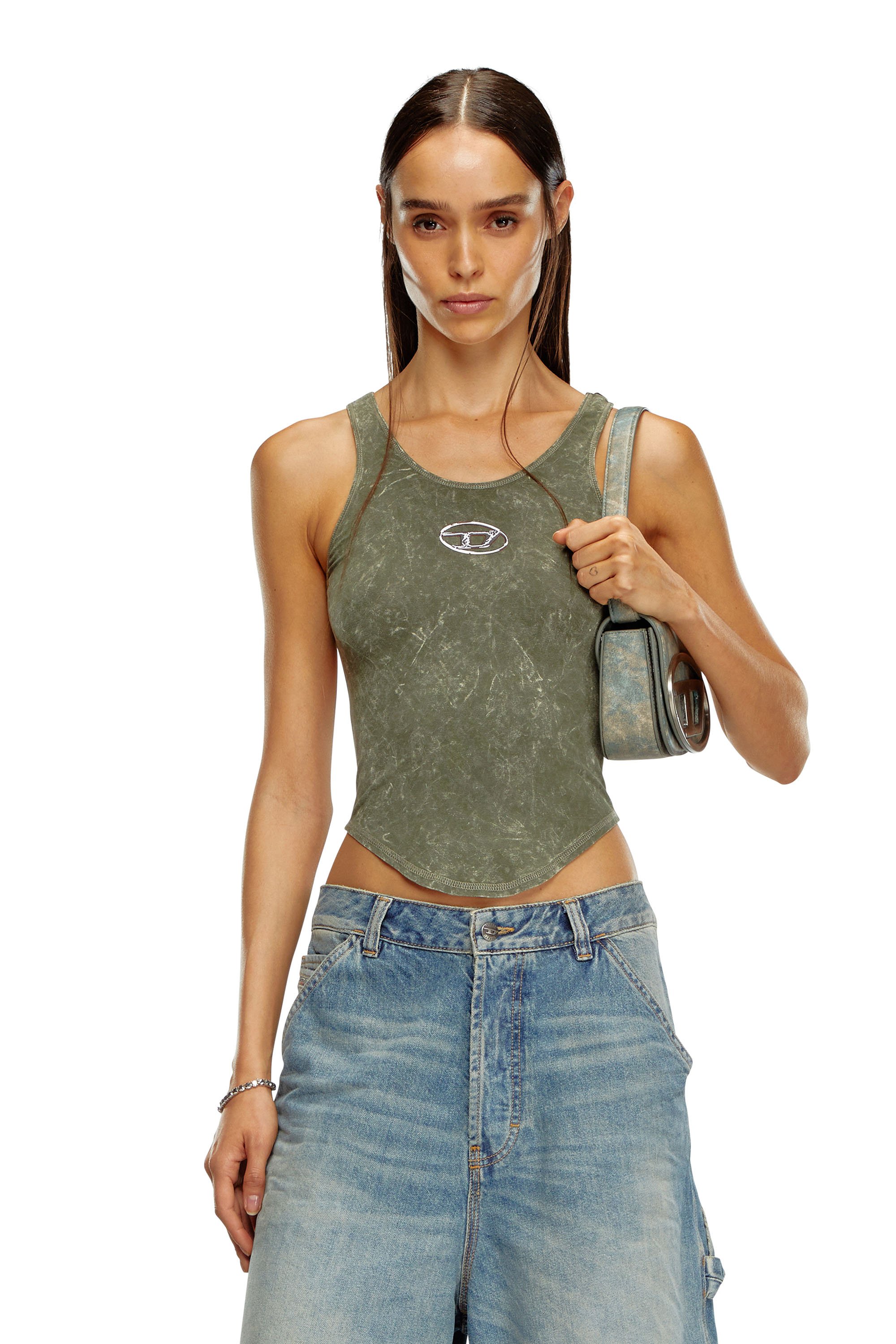 Diesel - T-AVENA-P1, Mujer Camiseta de espalda abierta con efecto mármol in Verde - Image 1