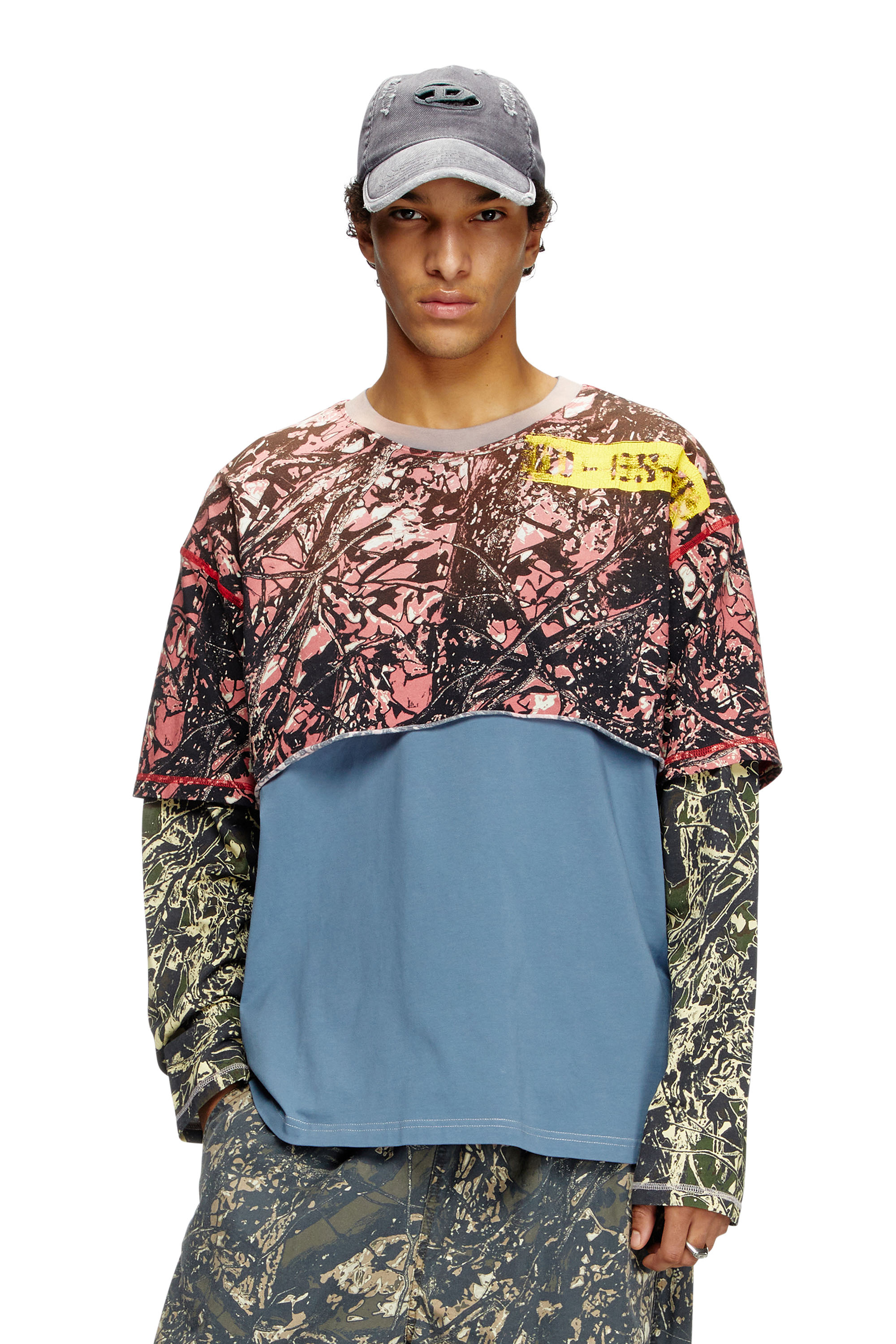 Diesel - T-BESH-CAMOU, Man's Layered T-shirt with camo motif in Blue/Pink - 2