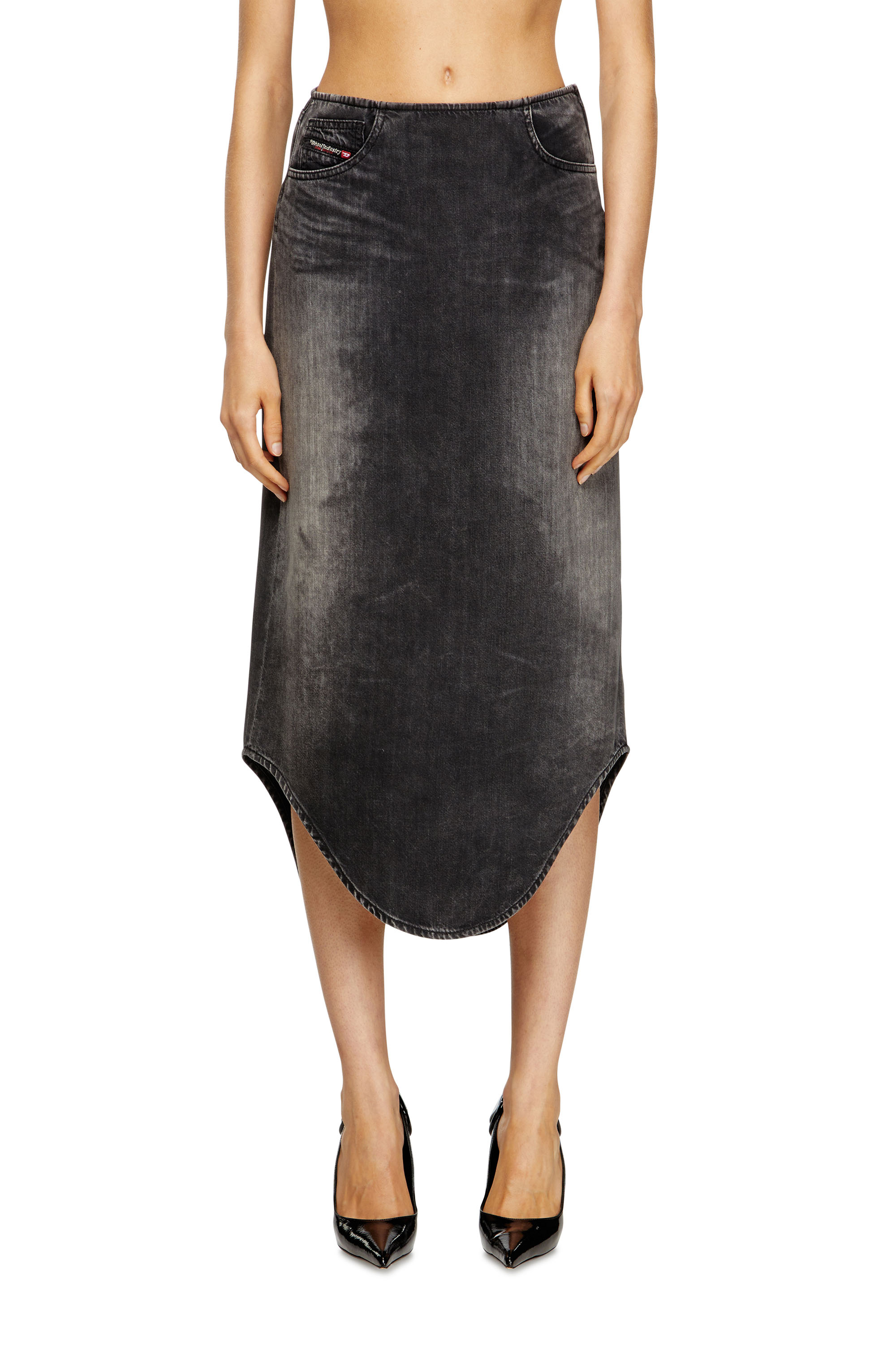 Diesel - DE-PLUMY-S, Falda midi de denim con efecto sombra Mujer in Negro - 1