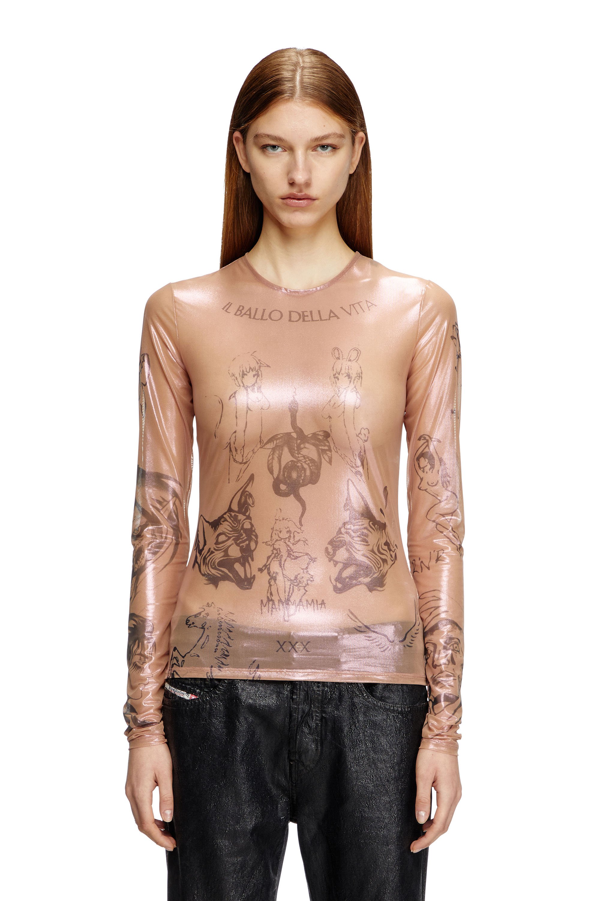 Diesel - T-CLAUDE-DD, Unisex's Tattoo top in coated stretch tulle in Pink - 5