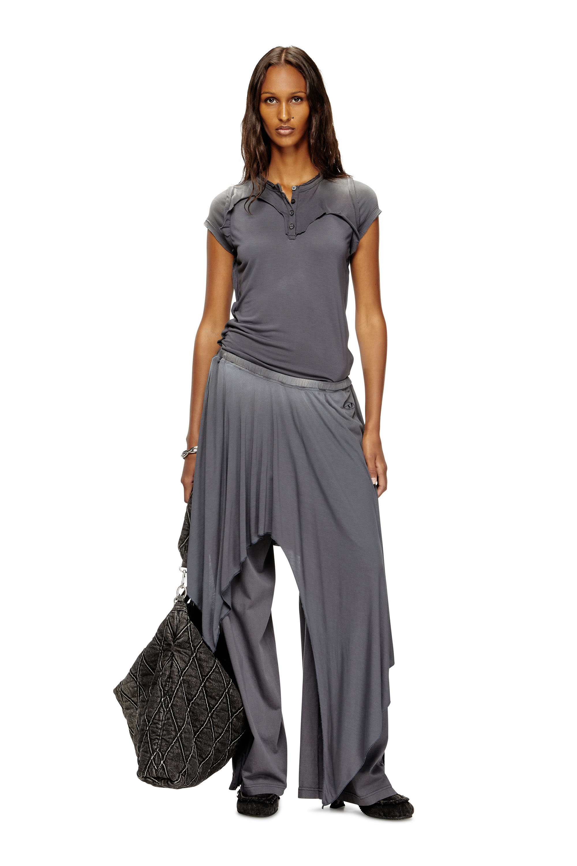 Diesel - T-UNRAWY, Woman's Henley T-shirt with peel-off effect in Grey - 2