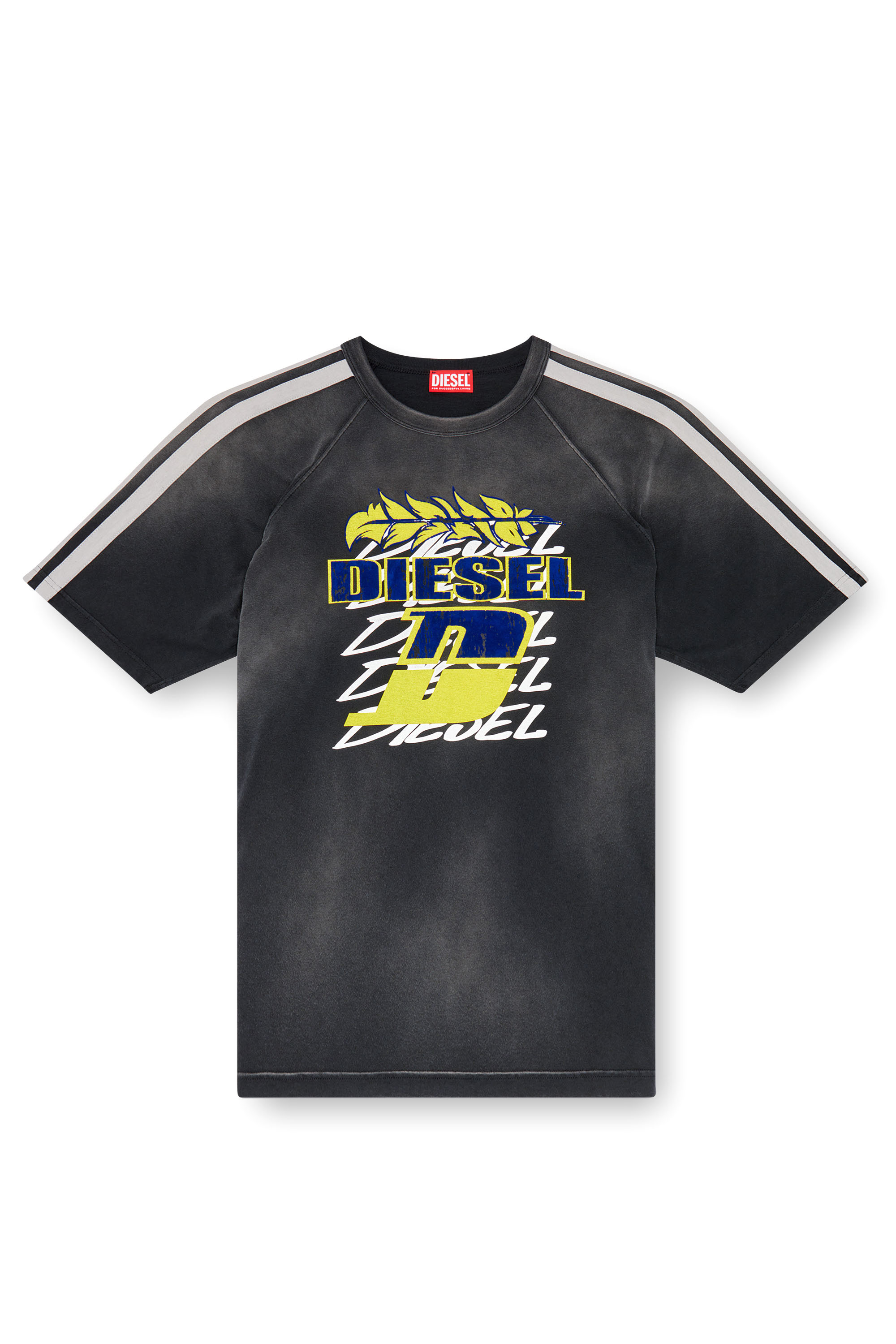 Diesel - T-ROXT-STRIPE, Man Faded T-shirt with flocked logo print in Black - Image 4