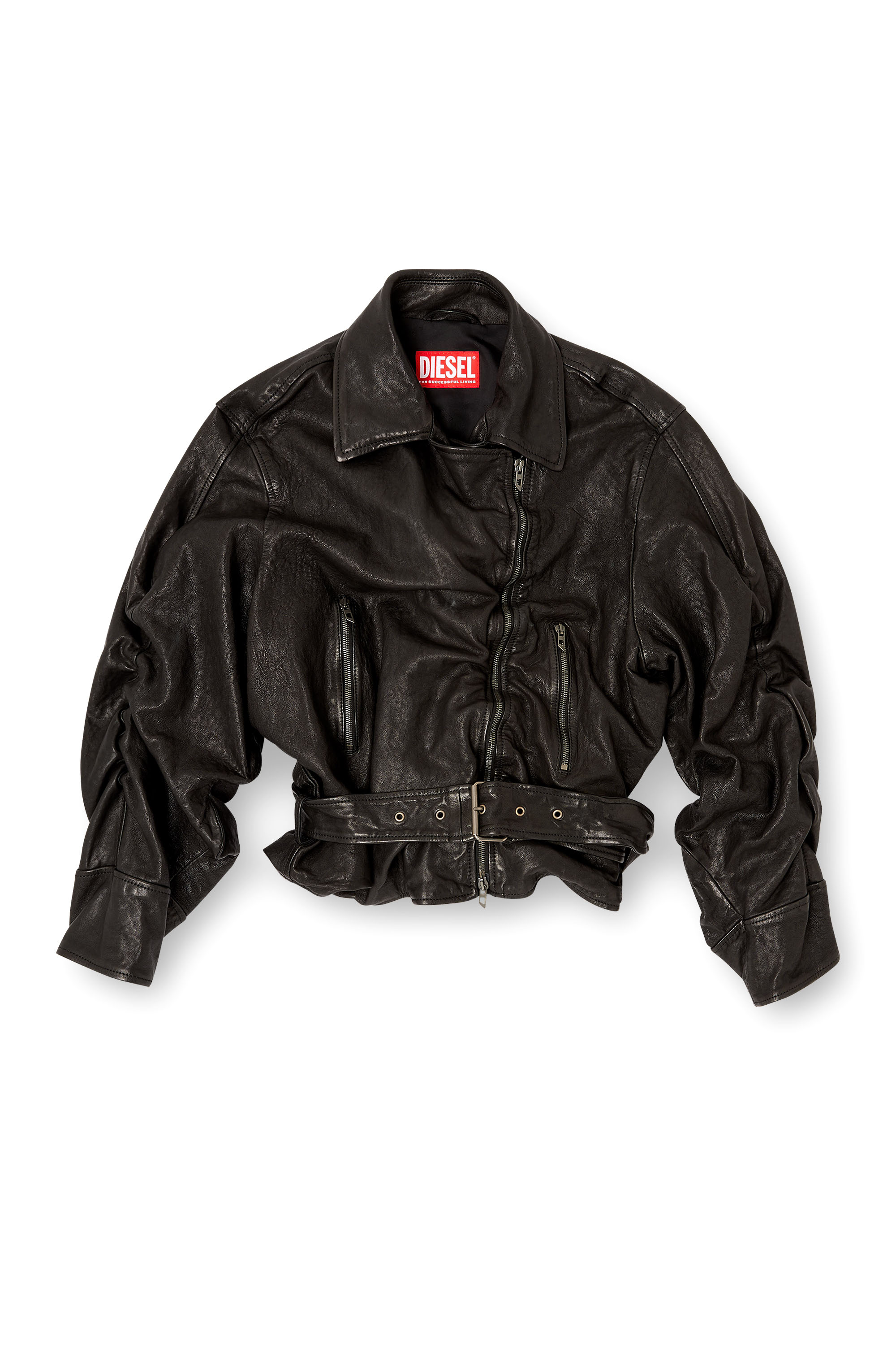 Diesel - L-OYS, Chaqueta con cinturón en cuero hervido Mujer in Negro - 3