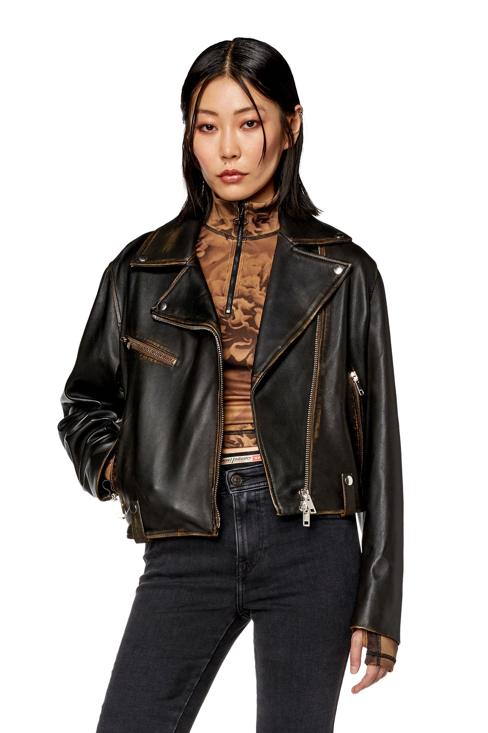 Diesel - L-EDME, Woman Biker jacket in tumbled leather in Black - Image 1