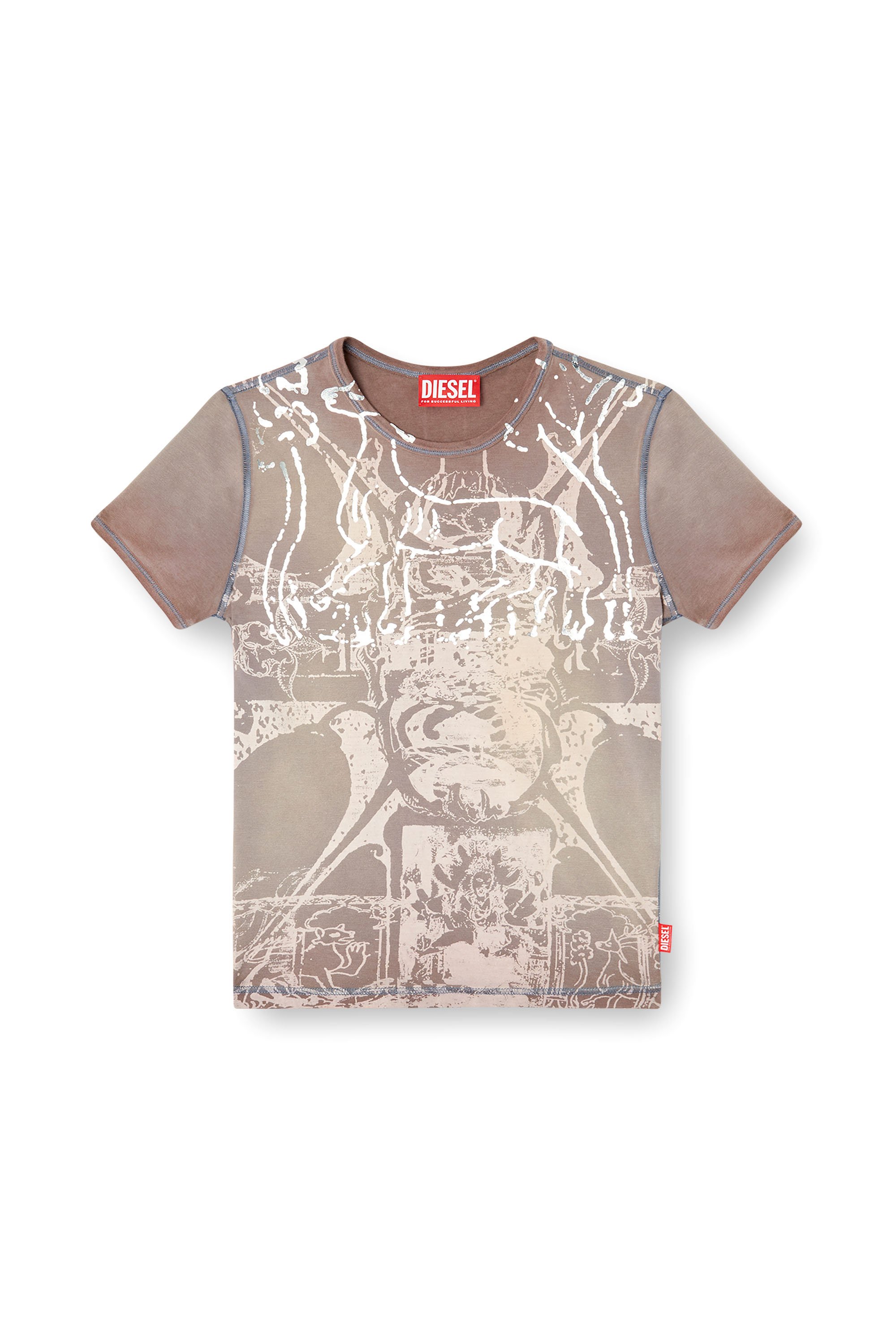 Diesel - T-UNCUTIES-LONG-R6, Woman's T-shirt with foil print in Light Brown - 4