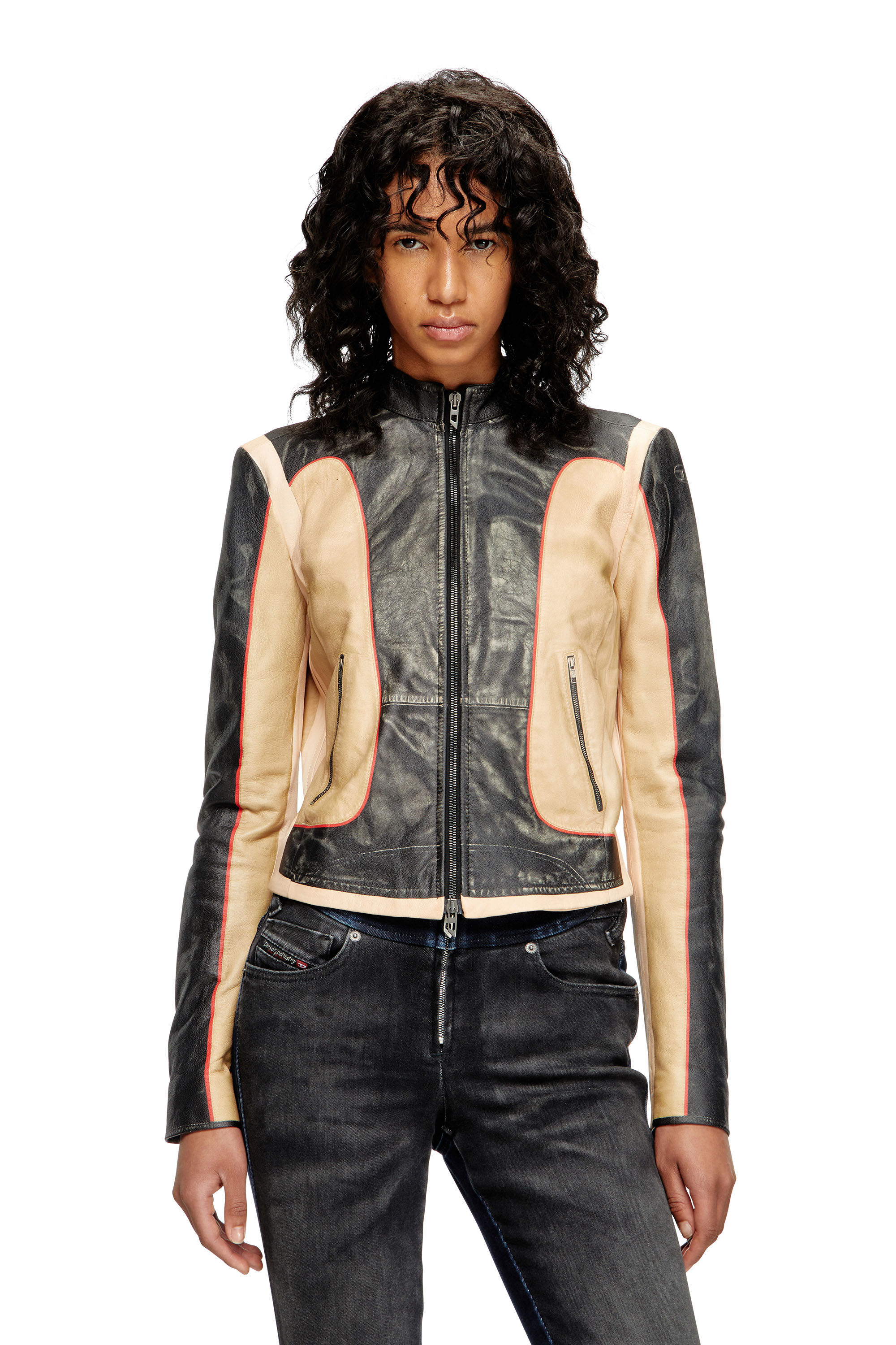 Diesel - L-OONIE, Woman's Trompe l'oeil-effect leather biker jacket in Beige/Black - 1
