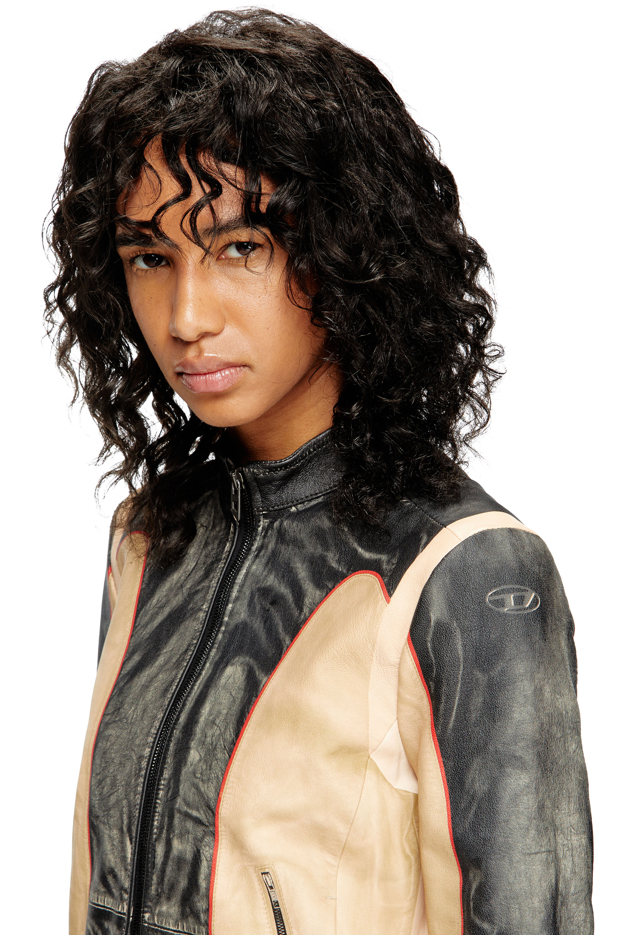 Diesel - L-OONIE, Woman's Trompe l'oeil-effect leather biker jacket in Beige/Black - 4