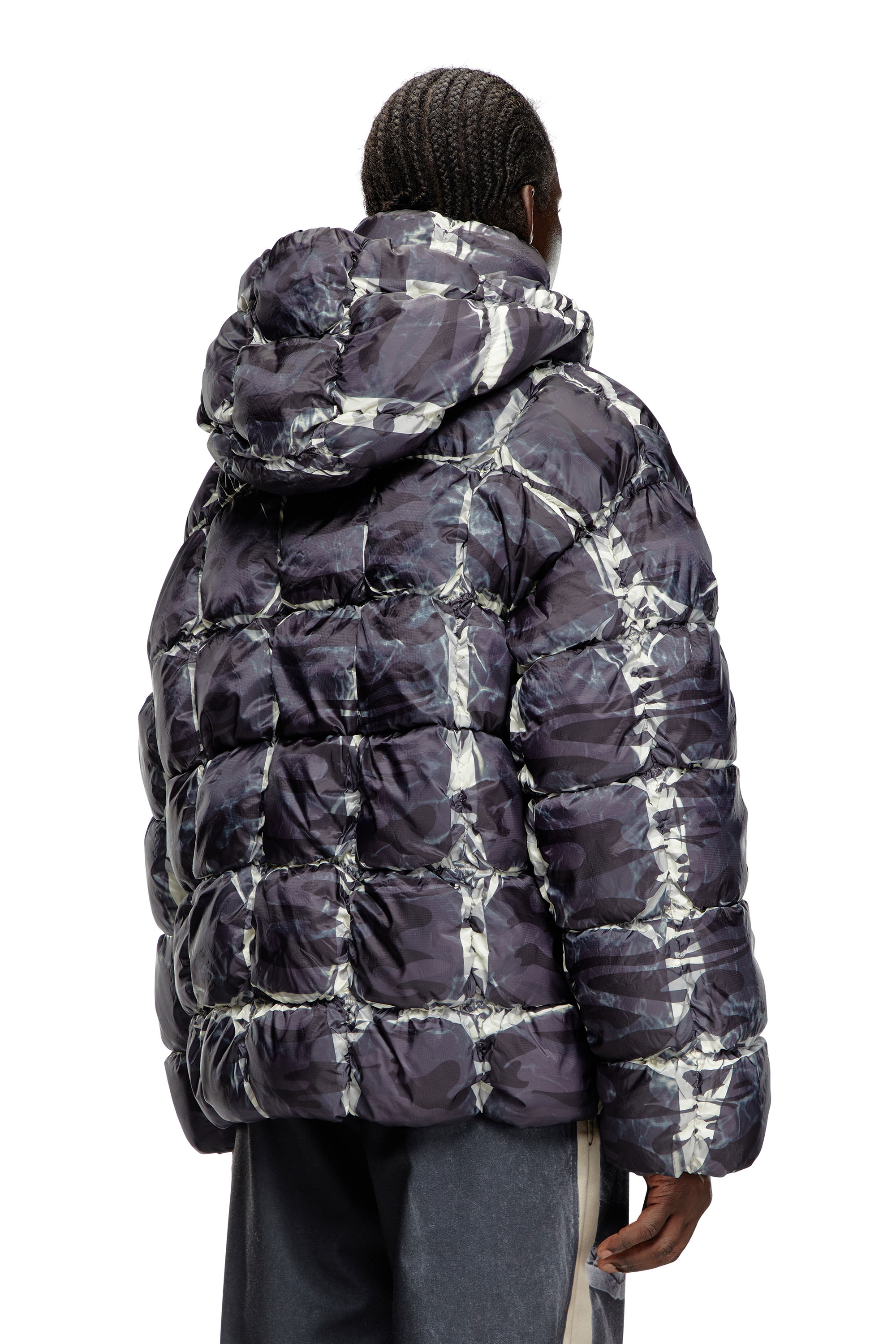 Diesel - W-CLAUS-CAMU, Man Hooded puffer jacket with camo print in Grey - Image 3
