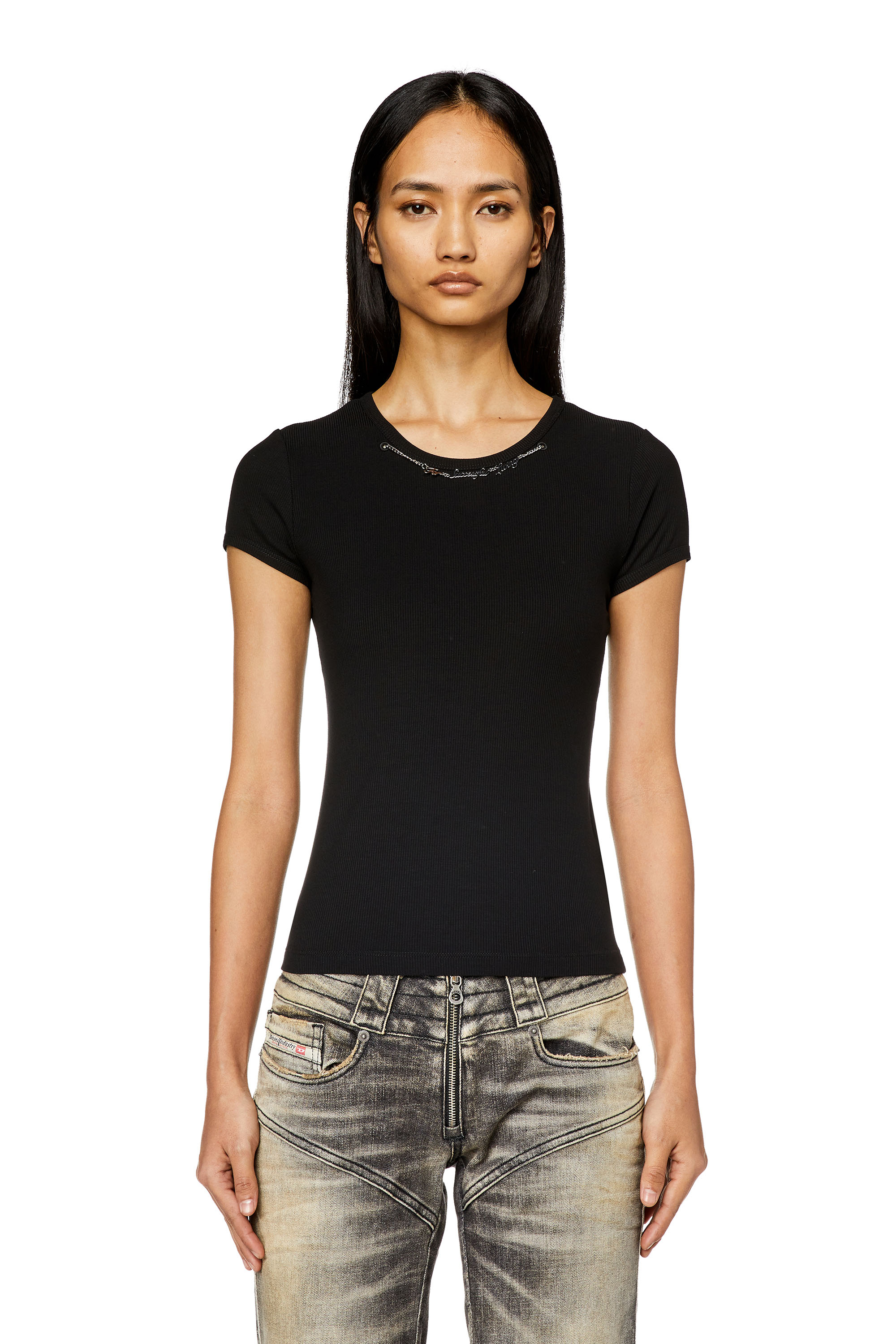 Diesel - T-MATIC, Woman Ribbed-jersey top with chain necklace in Black - Image 4