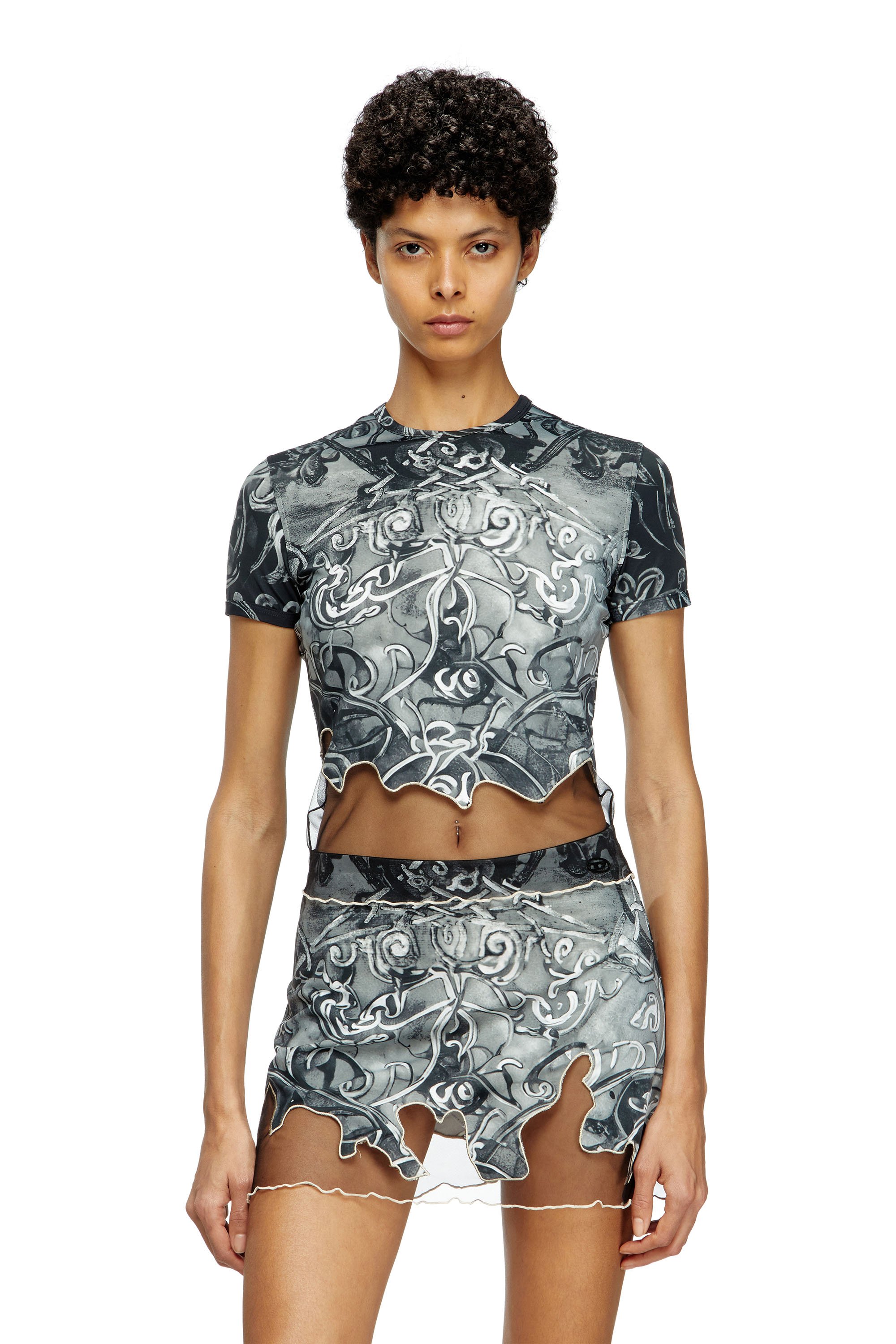 Diesel - T-INLAY, Woman's Nylon T-shirt with Heraldic print in Black/Grey - 1