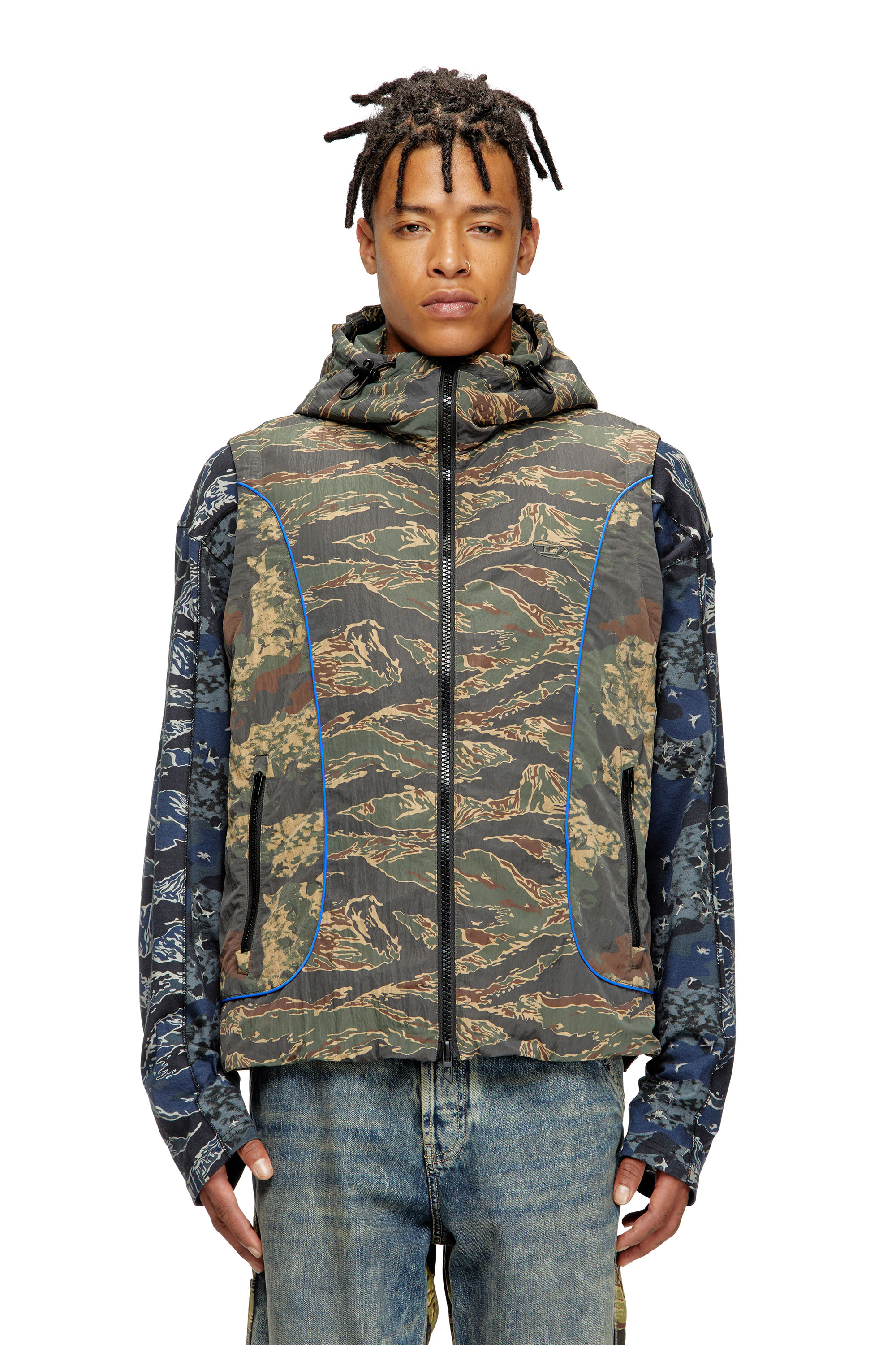 Diesel - J-OSTEND-SL-CAMU, Man's Hooded vest with mixed camo prints in Blue/Green - 1
